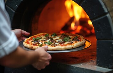Chef takes baked pizza from wood fired oven. Pizzeria restaurant chef prepares traditional italian pizza with tomatoes, cheese. Delicious meal cooked in stove with firewood, bright fire flames.