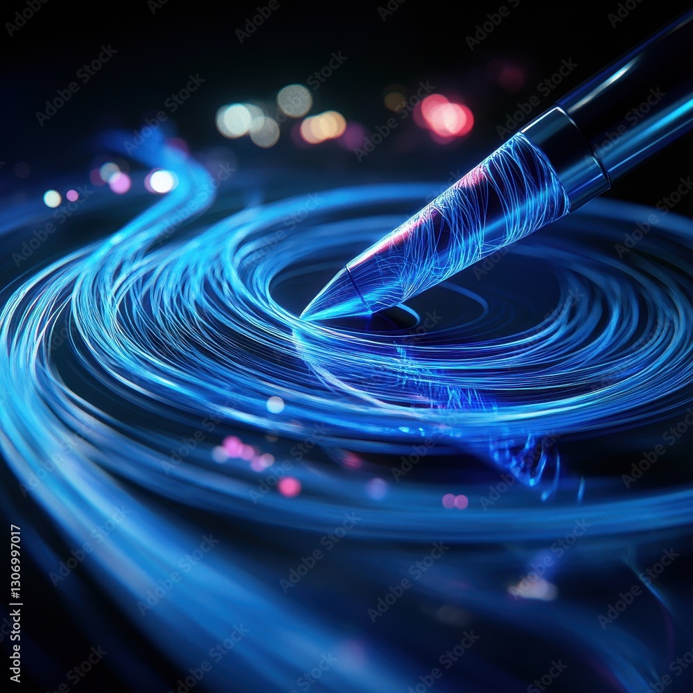 Poster abstract swirls of blue light and ink pen creating dynamic artistic patterns on a dark background