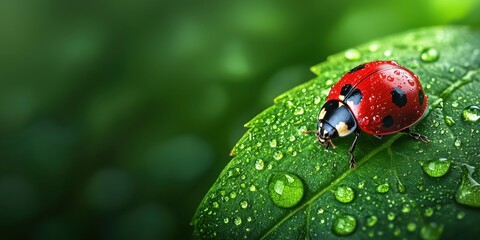 3d background minimalistic mockup with space for text, high-resolution close-up of a red ladybug sitting on a fresh green leaf with perfect water droplets