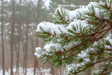 A cluster of snow-laden pine trees in a foggy, mystical winter forest.