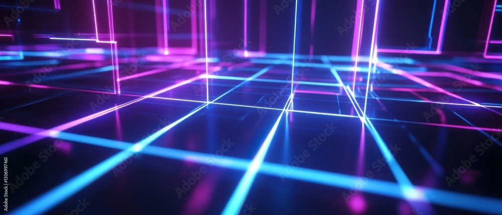 Poster abstract neon grid with blue and purple glowing lines, creating a futuristic and technological backg