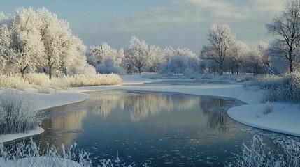 Fototapeta premium A snowy landscape with a frozen pond and snow-covered trees, quiet and picturesque, ultra-detailed, 8k