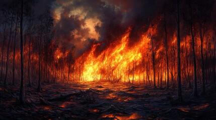 A dramatic landscape depicting a fierce wildfire engulfing trees, with vibrant flames and dark smoke contrasting against a gloomy sky.