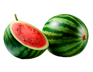 Fotografía profesional, de una sandia y otra partida por la mitad, fondo transparente, realista, 4k
