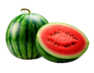 Fotografía profesional, de una sandia y otra partida por la mitad, fondo transparente, realista, 4k