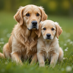 An old golden retriever with wise, kind eyes sitting beside a playful puppy of the same breed