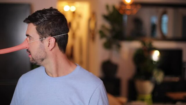 Funny man using a long plastic nose 