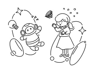 AIと会話する困っている女性のイメージ（モノクロ）