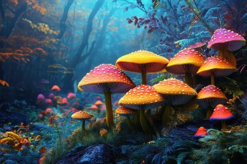 A collection of colorful fantasy mushrooms growing in an enchanted woodland, isolated.