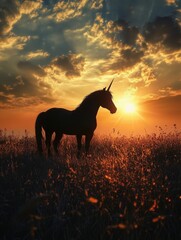 Unicorn Realistic. Fantasy Sunset Silhouette of Mythical Unicorn in Meadow