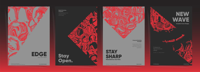 Brutalist abstract poster set with bold typography and red black liquid textures. Modern geometric layout for creative branding, flyers, and corporate visuals.
