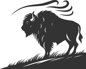 Buffalo standing on a hill with the wind blowing its fur animal vector silhouette