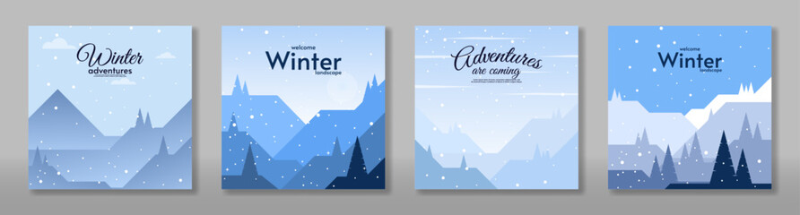 Fototapeta premium Vector illustration. Set of flat winter landscape card. Design for card, banner, web. Hills and mountains with forest landscape, snowy backgrounds. Snowy weather. 