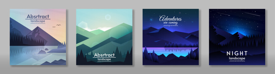 Vector illustration. Landscapes set. Flat style. Night with river. Design for, cover, poster, banner, touristic card.