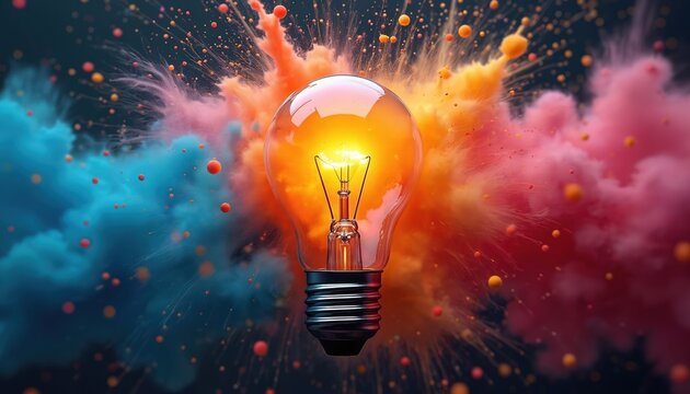 Light bulb bursting with colourful splashes represents explosive creativity, dynamic ideas, essential for innovation workshops. Sudden spark of inspiration engaging potential attendees, thinking