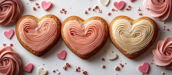 Fototapeta premium Heart-shaped cookies decorated with pink and white frosting, surrounded by heart candies