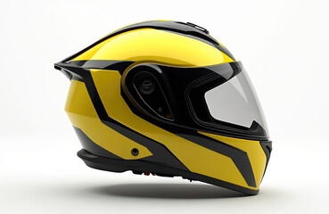 Fototapeta premium Modern motorcycle helmet isolated. Yellow, black colors. Safety motorbike gear. Protect head in crash. Motorsport equipment. Integral motorbike, scooter helmet. Racing accessories. Motorcyclist