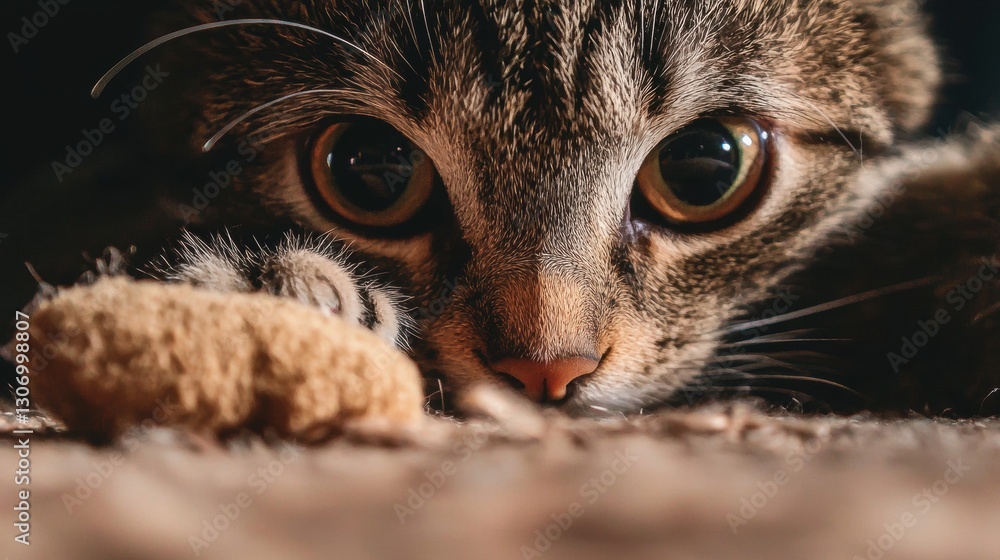 Poster close-up of a cat's face. the cat appears to be a tabby with brown and black stripes on its body. it