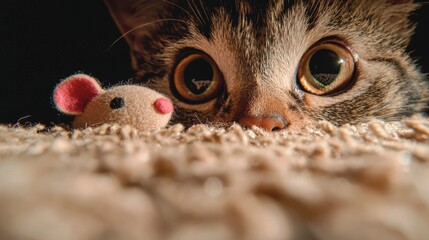 Close-up of a cat's face peeking over a beige carpet. the cat's eyes are wide open and its nose is slightly upturned, as if it is looking directly at the camera.