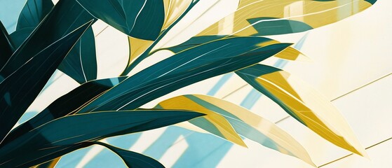 Teal and Gold Leaves Against White Walls