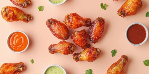 Flying portion of chicken wings with hot sauce, surrounded by dipping sauces, on a pastel peach background