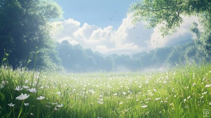 A soft spring breeze blowing through tall grasses in a field, peaceful and calming, ultra-detailed, 8k