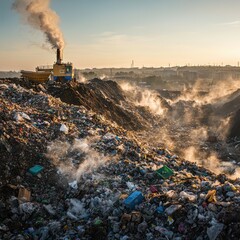 Industrial Waste Management Scene at Landfill with Dump Truck and Smoke During Sunrise in Urban Landscape