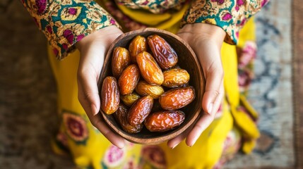 Muslim woman holding a wooden bowl filled with dates, a traditional food for Ramadan, symbolizing fasting, Islamic culture, and religious customs during the holy month.