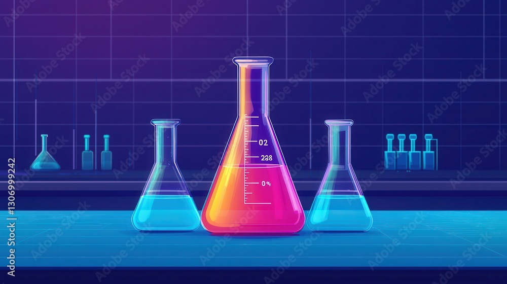 Poster colorful laboratory flasks with vibrant liquids reflecting modern chemistry and experimentation in a