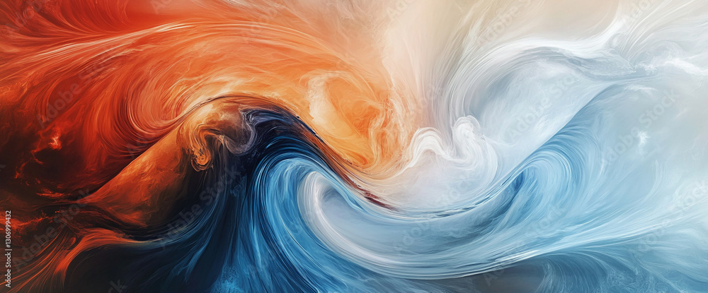 Poster abstract swirling blue, orange, and white paint texture creating a dynamic, flowing design, showcasi