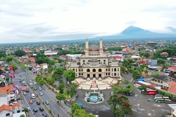 Aerial view of the splendor of the Al Aqsa Mosque in Klaten in the morning with Mount Merapi Mebabu...