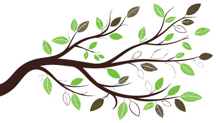 Adobe IllusStylized Black Tree Branch with Green Leaves and a Small Bird - Minimalist Nature Illustration