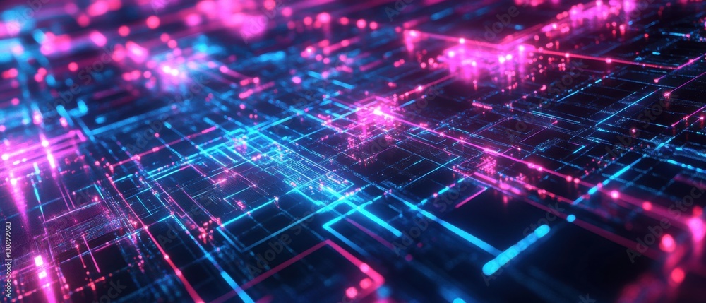 Poster abstract technology background with glowing neon circuit lines in blue and pink, representing data f