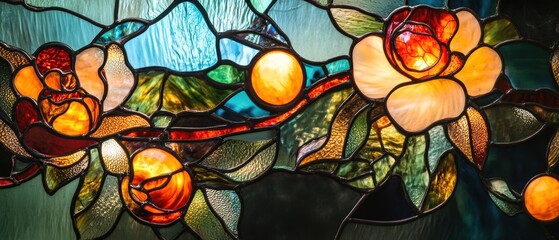 Colorful Stained Glass Window Design Featuring Vibrant Blooms and Leaves in Artistic Arrangement with Brightly Colored Details