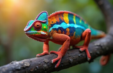 Colorful chameleon sits on branch. Reptile boasts vibrant scales, turquoise, orange, green hues. Macro close-up shows intricate details of skin, eye. Exotic pet camouflaged in nature, wildlife scene.