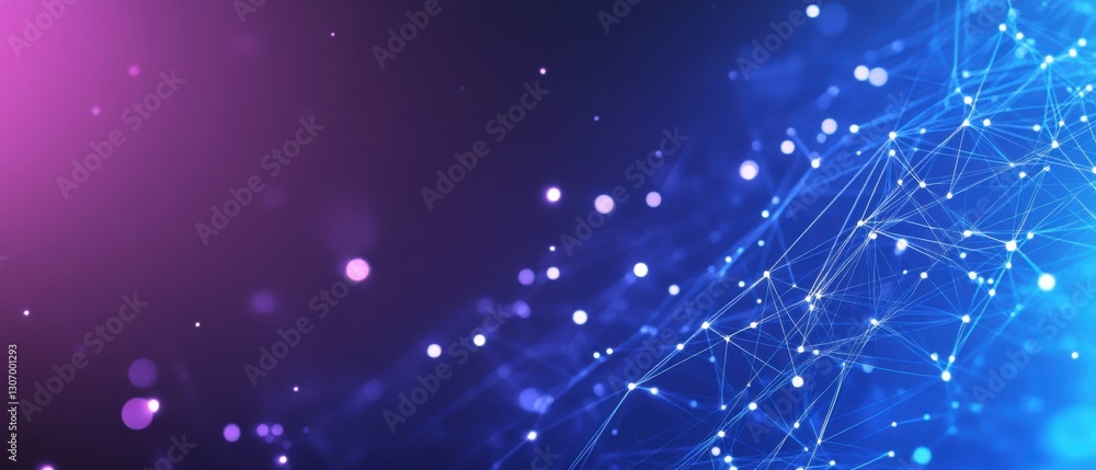 Poster abstract blue network background with glowing nodes and connections, representing digital technology