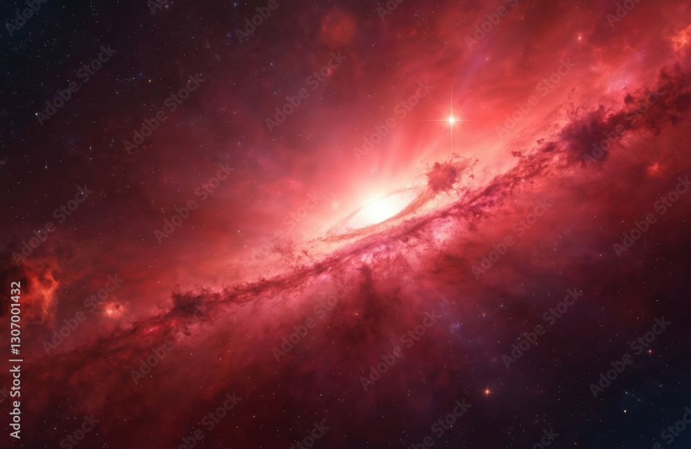 Poster red nebula galaxy with stars. abstract cosmic alpha background. lactic way universe outer space. dee