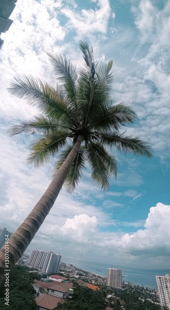 Poster low-angle photo of a coconut tree, view from a high apartment balcony towards the beach and cityscap