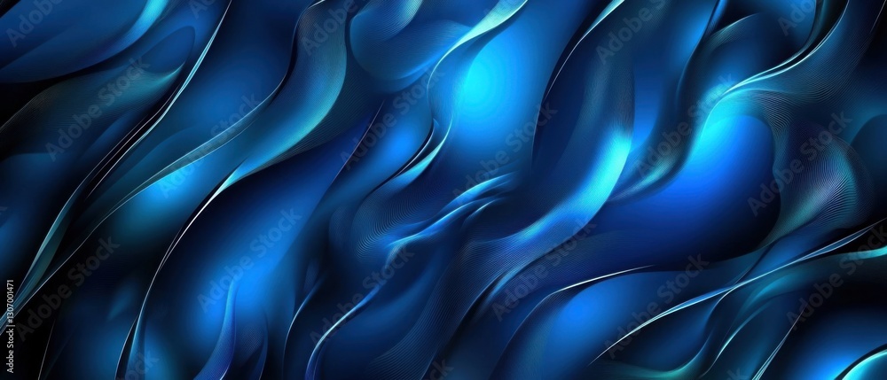 Poster abstract dark blue flowing silk background with dynamic curves and light reflections, creating a mod