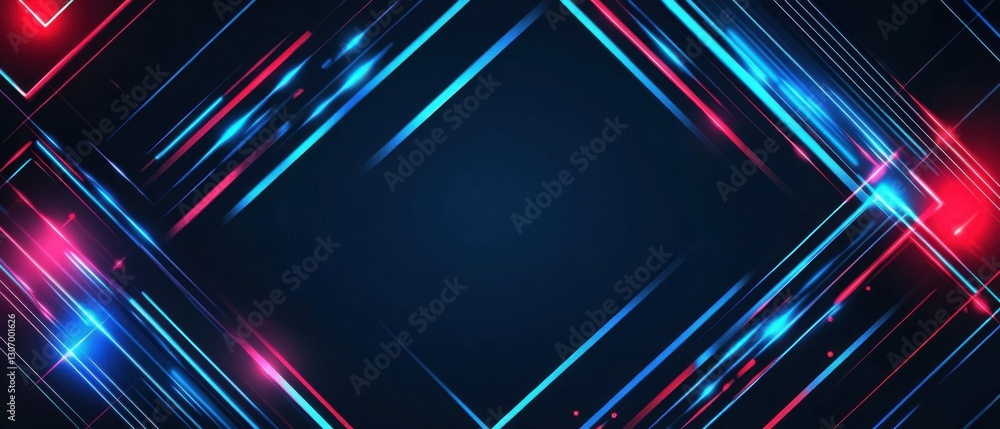 Poster abstract dark blue background with glowing neon lines, creating a futuristic and dynamic technology 