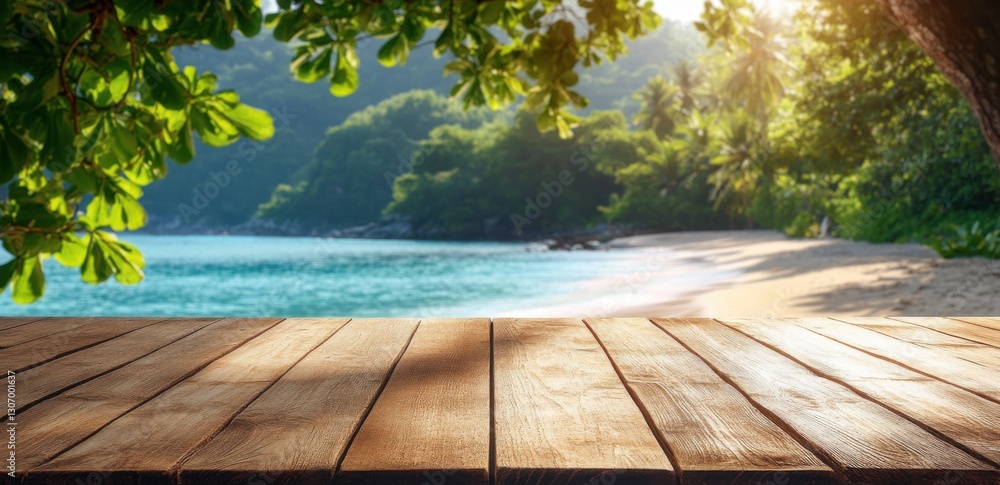 Poster empty wooden table top with a blurred tropical beach background for product display presentation, a 