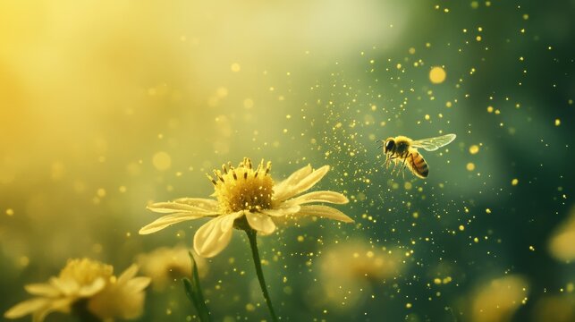 Airborne pollen particles floating in the air, representing seasonal allergies and hay fever, a common issue for millions worldwide.