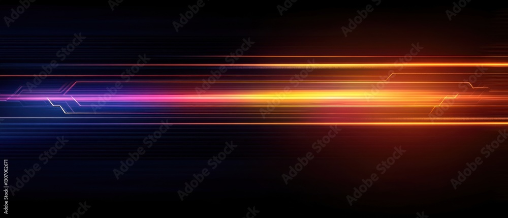 Poster abstract technology background with glowing light trails and circuit board lines in vibrant orange, 