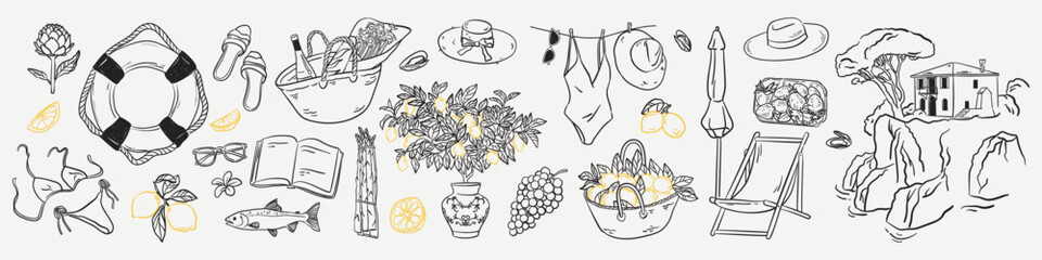 Set of marine beach drawings. Italian summer voyage vector illustration in doodle sketch style. Dolce vita sea vacation, weekend elements. Lemon harvest, swimsuit, slippers, hat, wicker beach bag.