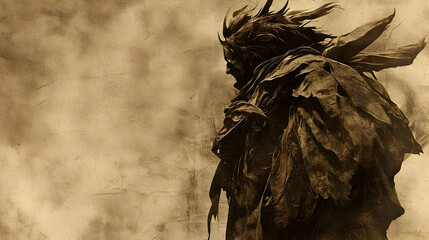 Warrior, windswept, desolate landscape, sepia tone, game cover art