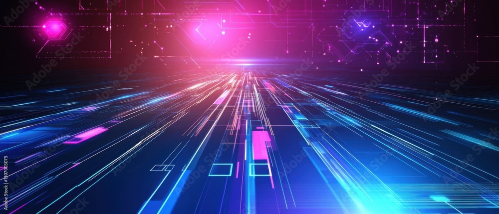 Poster abstract futuristic technology background with glowing neon lines and circuit board patterns, concep