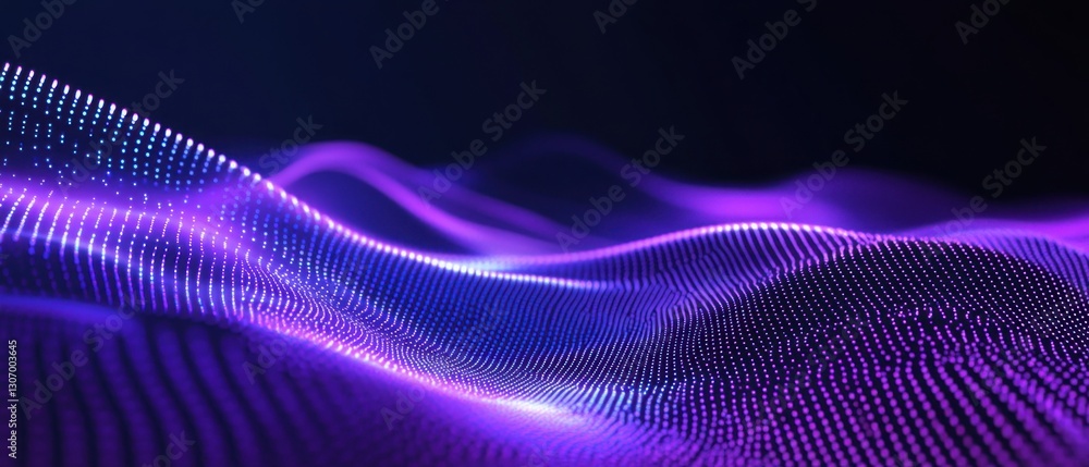 Poster abstract purple wave pattern of glowing dots on dark background concept of technology, data visualiz