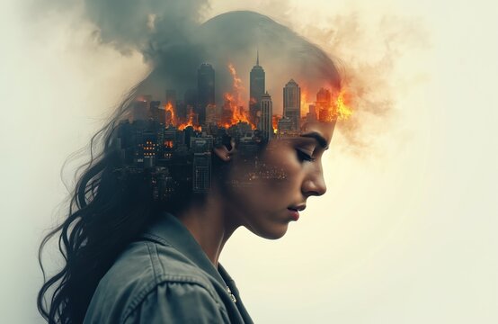 Double exposure portrait young woman expressing eco-anxiety against backdrop burning city. Mental health concept, impact pollution, global warming, climate change. Concerned about future, apocalyptic