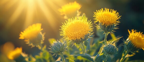 Yellow blooming thistle plants in a field with a sun flare, use nature background