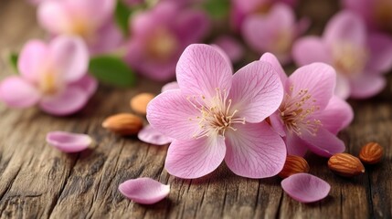 Pink flowers, almonds on rustic wood